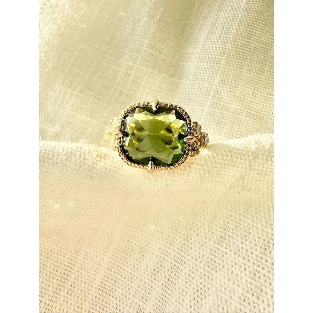 Olive green cubic zirconia elongated cushion cut ring size 8